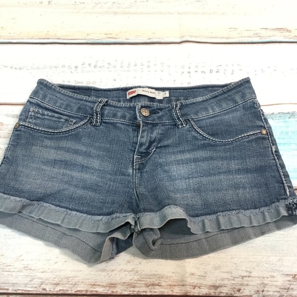 Levis SuperLow Jean Shorts Women Blue Low Rise Stretch Folded Hem Shorty - Picture 1 of 7